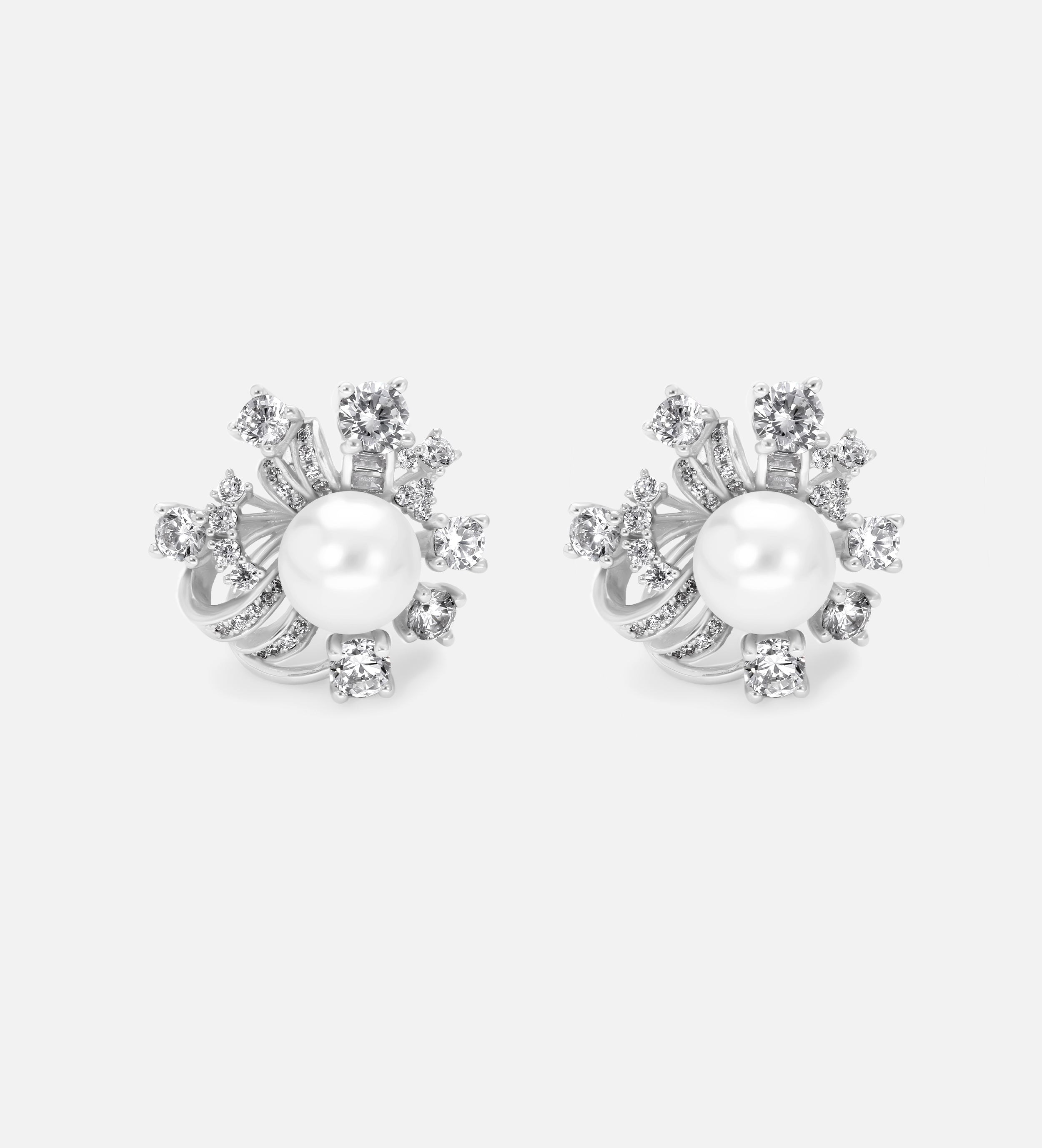 Starlit Cluster Pearl Studs With Fresh Water Pearls and High Quality Simulated Diamonds in 925 Silver - Ash & Harry