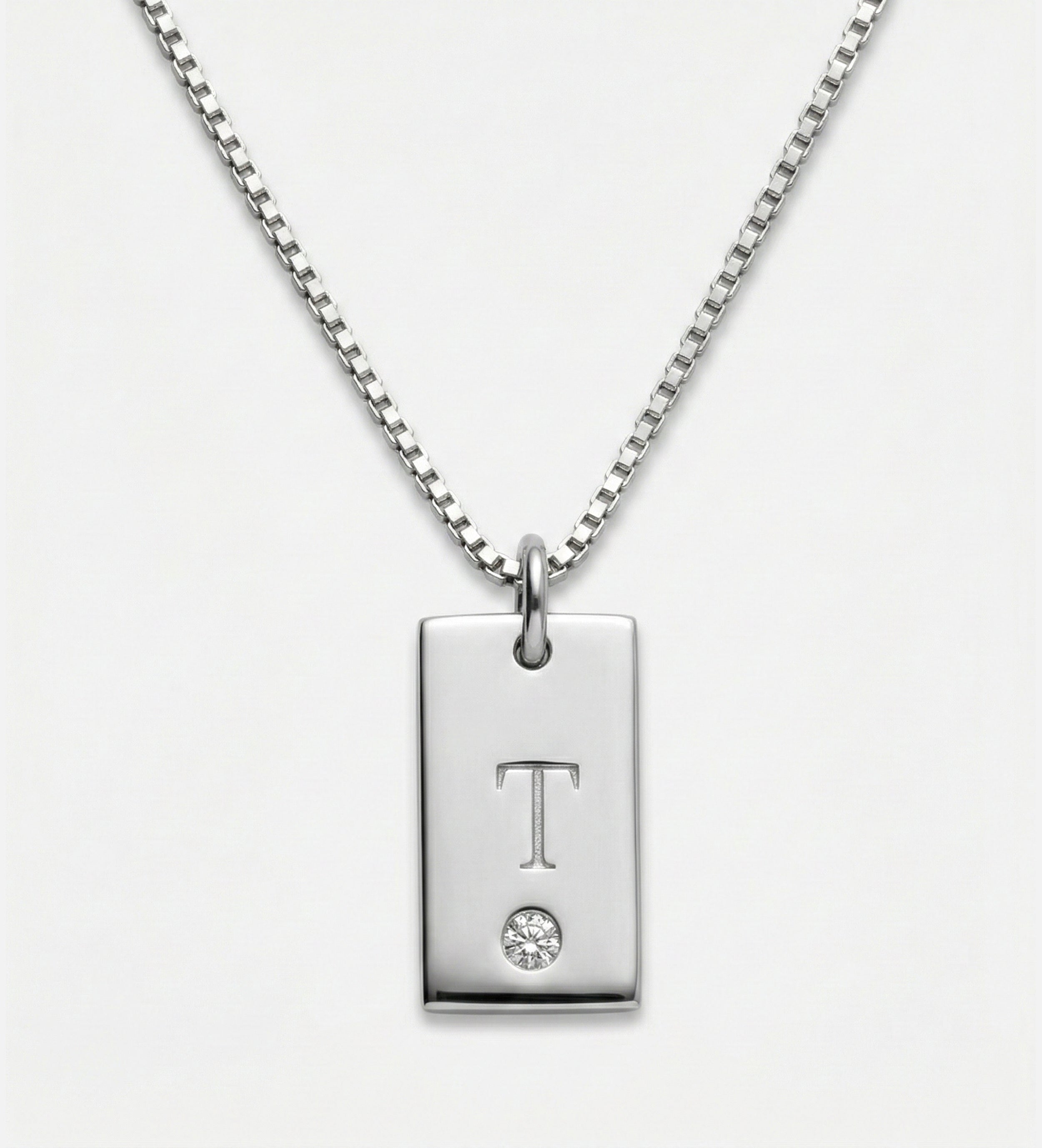 Tag Initial Necklace With Lab Diamond in Rhodium Plating on 925 Silver - Ash & Harry