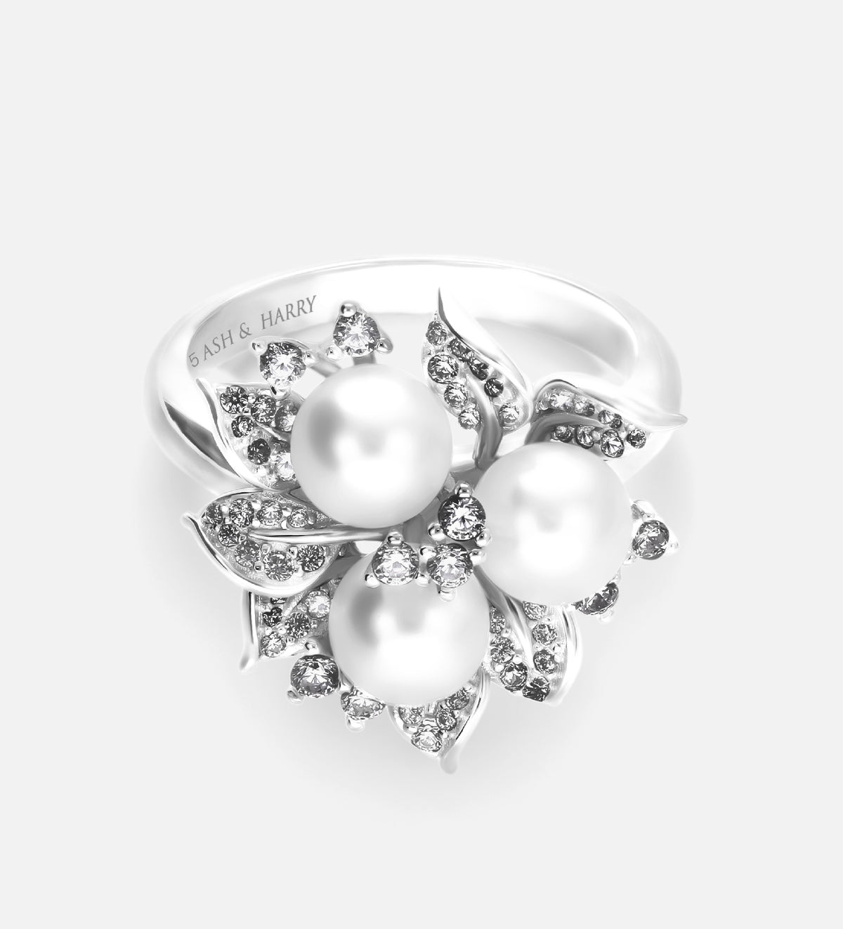 Trio Pearl Bloom Ring With Fresh Water Pearls and High Quality Simulated Diamonds in 925 Silver - Ash & Harry