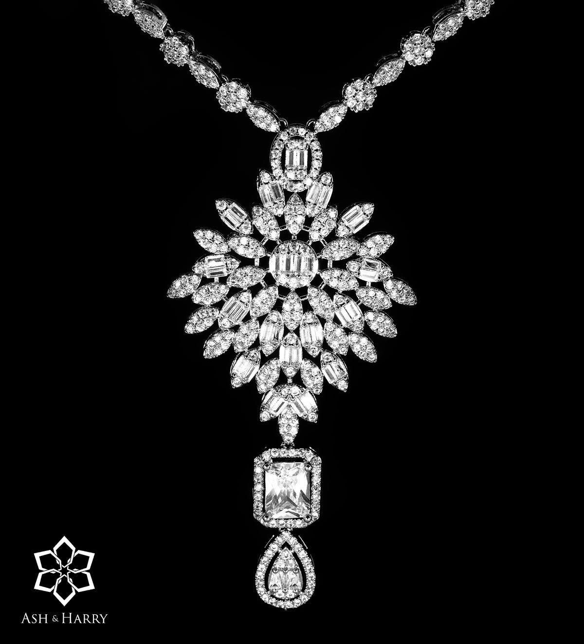 Verona Art Deco Long Chain Statement Set with Emerald - Cut Simulated Diamond Centerpiece in Rhodium Plated Finish - Ash & Harry