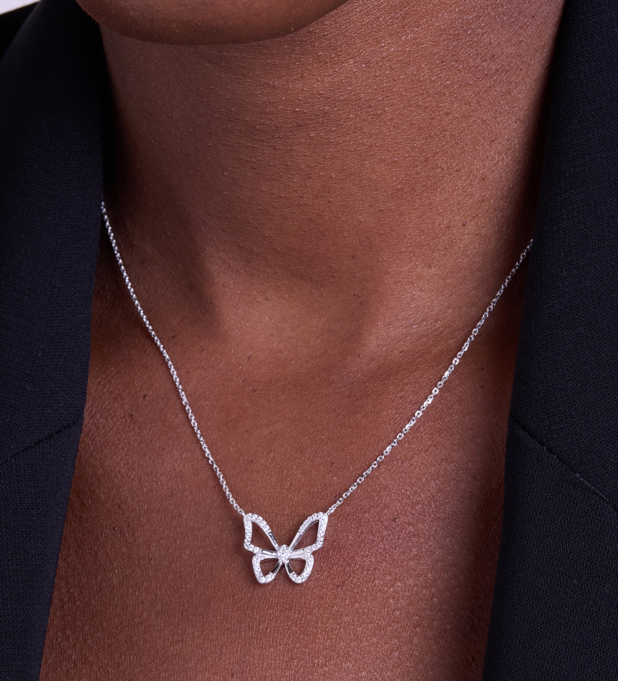Pave Butterfly Silhouette Necklace in Rhodium Plating on 925 Silver - Ash & Harry