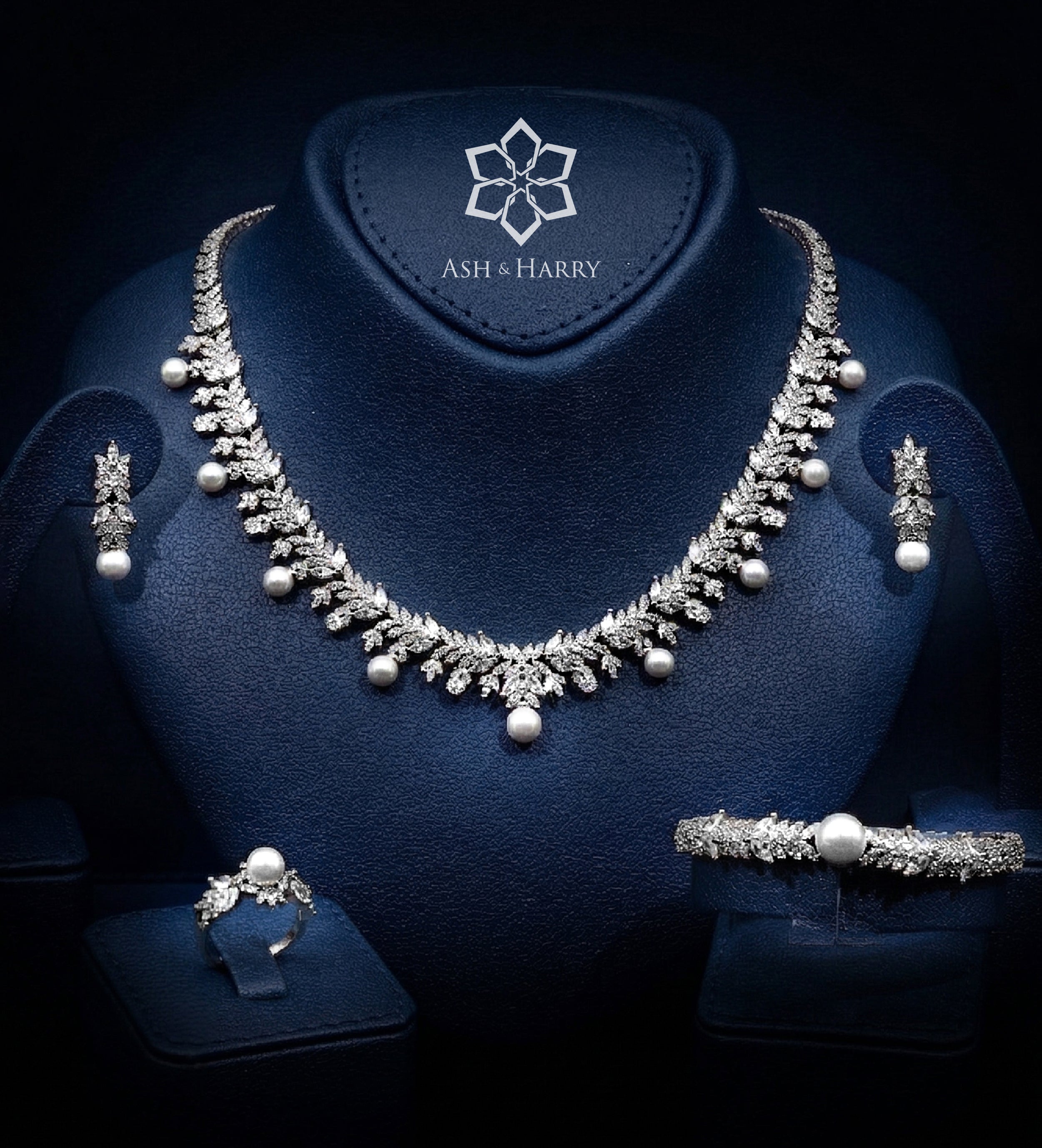 Yasmin Pure White Pearl Luxury Bridal Full Set in High Quality Simulated Diamonds Rhodium Plated - Ash & Harry