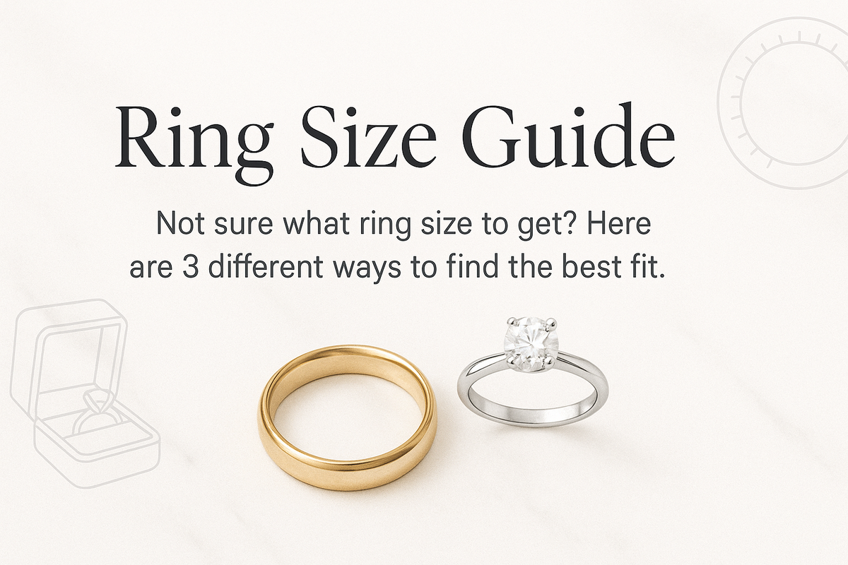 Ring size page banner with title Ring Size guide.   Sub text: Not sure what ring size to get?  Here are 3 different ways to find the best fit